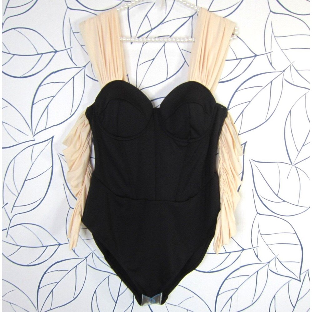 ASOS LUXE Corset Fitted Swimsuit w/ Long Sleeves Black & Cream Size 10 US New!
